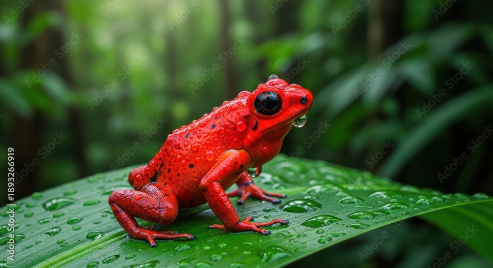 Obraz premium Vibrant Red Poison Dart Frog Sitting on a Wet Leaf in the Rainforest.