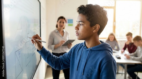 Student Using Interactive Whiteboard Photo Of Student Using Interactive Whiteboard