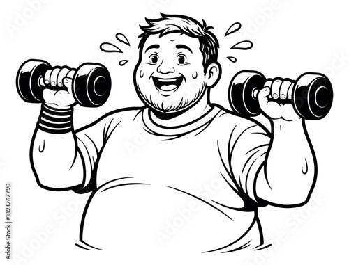 Hand drawn line art illustration of an overweight man depicting exercising with dumbbells for fitness and healthy living
