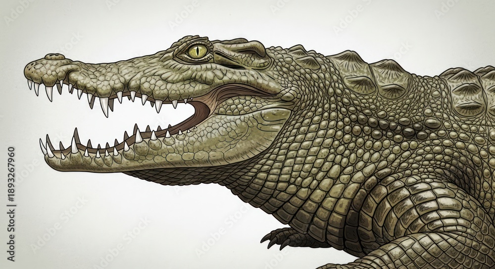 Fototapeta premium Detailed digital illustration of a crocodile's head and upper body.