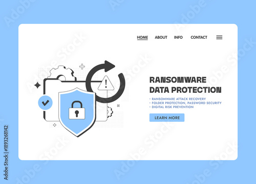 Ransomware data protection with shield lock, recovery cycle, warning alert, ransomware attack prevention, password security, digital risk management in cybersecurity landing page vector illustration