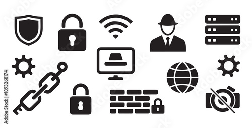 Cyber security and network protection flat icons featuring hacker firewall and server units