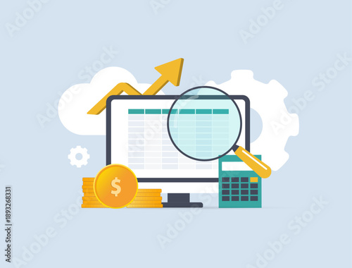 Financial analysis and business growth - data dashboard inspection, profit trends, dollar wealth accumulation and cloud-based upward revenue arrow for accounting auditing insights vector illustration