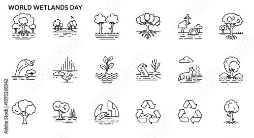 Line drawings of various wetland and conservation icons on a white background for World Wetlands Day.
