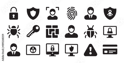 Computer security and antivirus software icons with bug detection and firewall protection