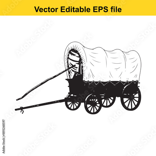  Covered wagon with canvas tarp and wooden wheels on plain background