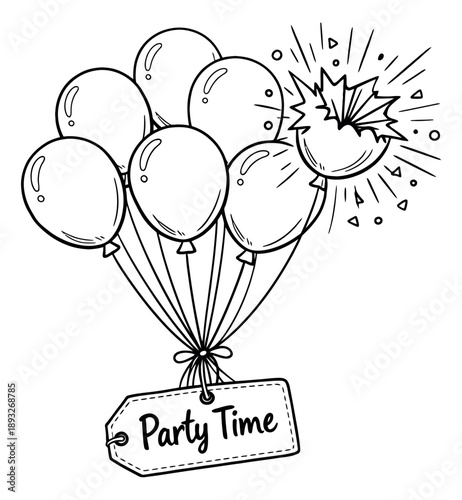Hand drawn line art party balloons set featuring a bursting balloon and a 'Party Time' tag for celebrations