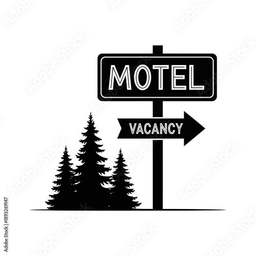 Motel Vacancy Sign with Pine Trees Silhouette