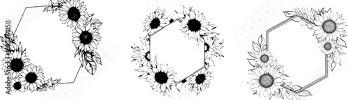 Sunflower Frame Trio: Delicate sunflower designs grace hexagonal frames, creating a harmonious trio suitable for various creative applications and evoking feelings of beauty and elegance.