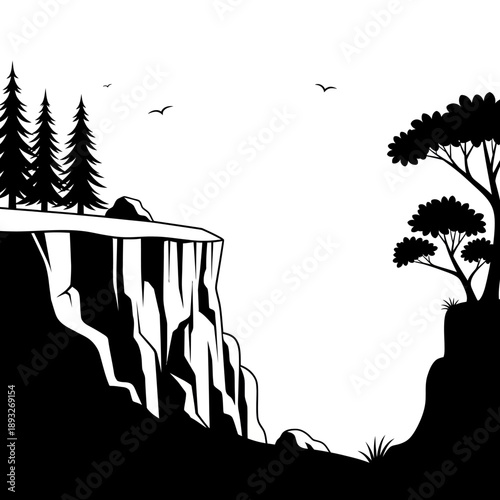 Dramatic cliff landscape silhouette, pine trees, birds, white background