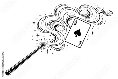 Hand drawn illustration of a magic wand and ace of spades depicting magic and illusion for casino themes