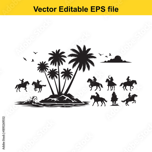  Tropical island horseback riders palm trees vector silhouette