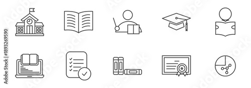 Education line icons set vector illustration. Containing school, book, teacher, student, and graduation