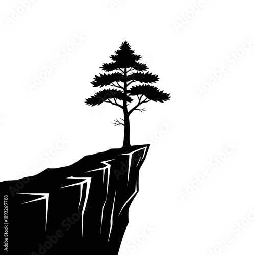 Silhouette of a lone pine tree on a cliff edge against a white background