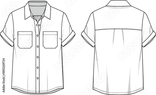 Women's short sleeve button down shirt with pockets technical fashion illustration flat sketch vector template front and back view