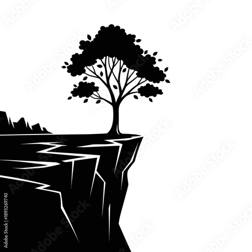 Silhouette of a lone tree on a cliff edge, symbolizing risk and determination.