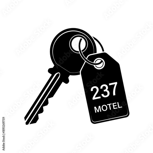 Motel Room Key 237 with Tag, Isolated on White Background, Black and White Icon