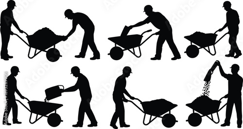 Construction workers using wheelbarrow silhouettes, manual labor loading and transporting materials, industrial teamwork activity isolated on white background