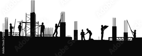 Construction, workers, silhouette, building, structure, labor, teamwork, industry, engineering, infrastructure, concrete, columns, 