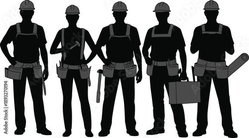 Construction, workers, silhouette, labor, tools, safety, helmets, teamwork, industry, engineering, architecture, building, workforce, professional, tradesmen, repair, vector, background