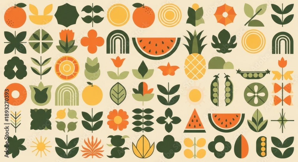 Obraz premium Mid-century modern seamless pattern with abstract fruits and leaves