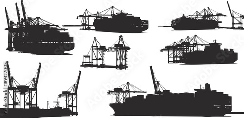 Container ship and port crane silhouettes collection, maritime logistics shipping operations, harbor infrastructure and cargo transport illustration isolated black
