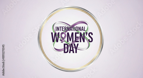 International women's day logo with purple text and gold border on white background