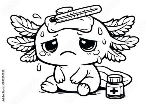 Line art illustration of a cute axolotl depicting sickness with an ice pack and thermometer for medical and wellness designs