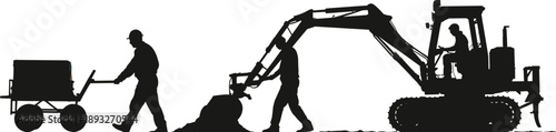 Excavator and construction worker silhouettes loading soil, heavy machinery operation with cart transport, industrial earthmoving illustration