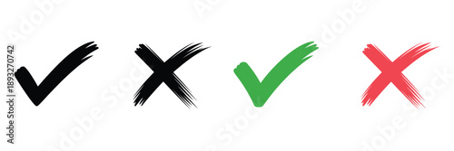 Check marks doodle set with hand-drawn chalk style checkboxes, green tick and red cross signs, charcoal and crayon sketch symbols