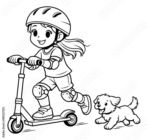 Hand drawn line art illustration of a girl and her dog depicting an outdoor scooter ride for active childhood fun