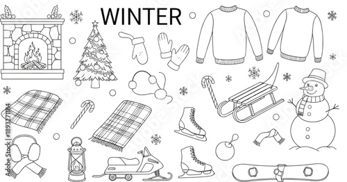 Hand drawn winter season icons set featuring clothing, fireplace, snowman, sled, skates and cozy holiday elements