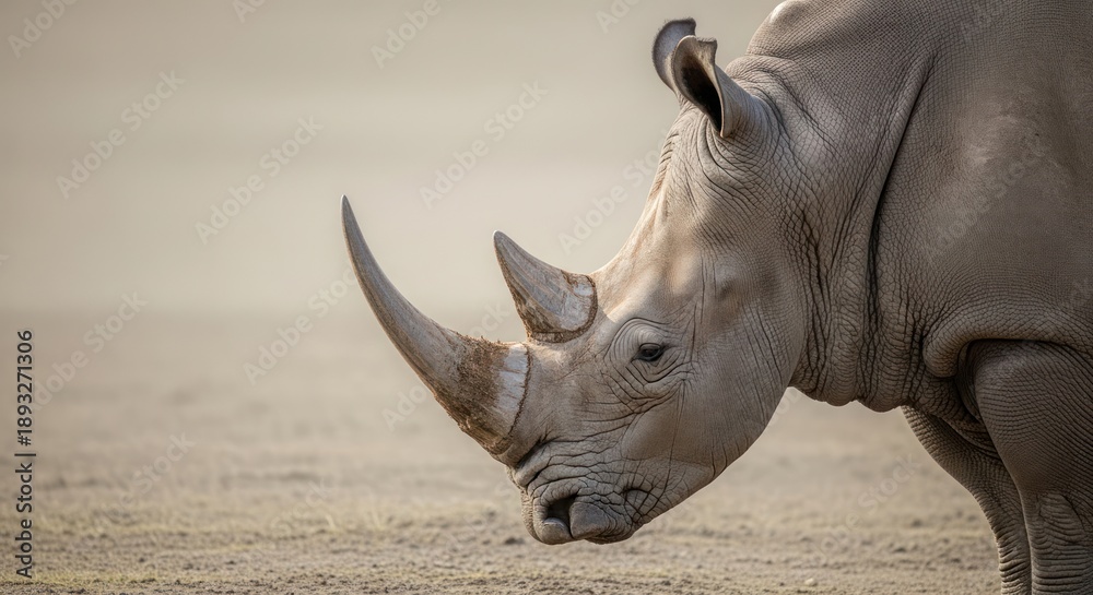 Fototapeta premium Close-up of a white rhinoceros in a dusty savannah landscape.