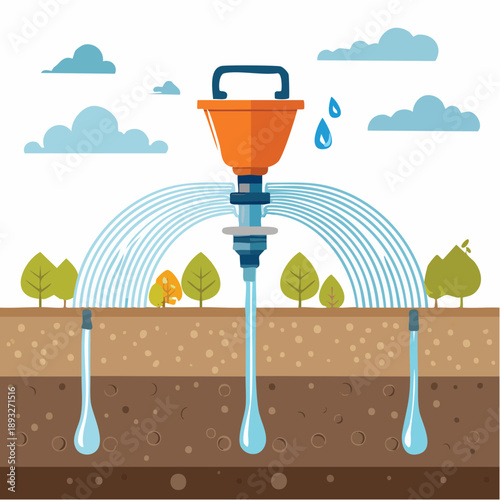 Irrigation System with Water Sprays, Trees, and Clouds