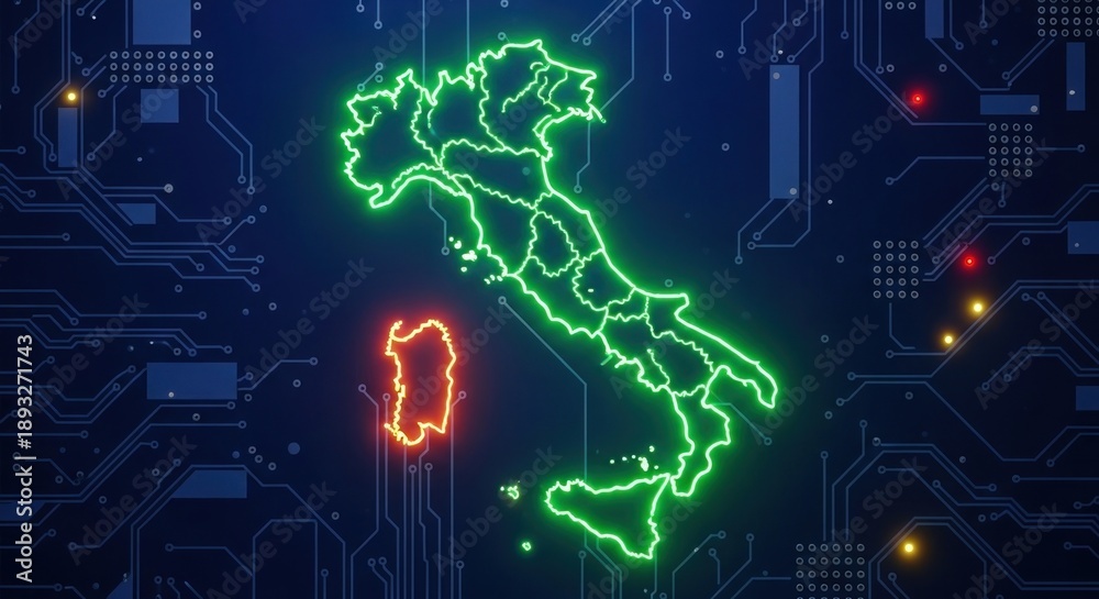 Obraz premium Neon digital map of Italy and Sardinia on circuit board