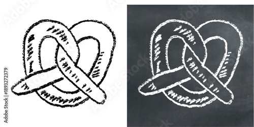 Chalk handdrawn pretzel icon vector for bakery menus. Textured snack art ideal for Oktoberfest flyers, pub boards, and food festival ads. Rough style.