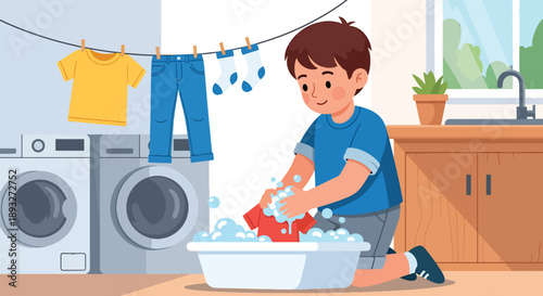 Independent little boy washing his clothes at home, modern flat vector promoting good habits, responsibility, and self-care skills