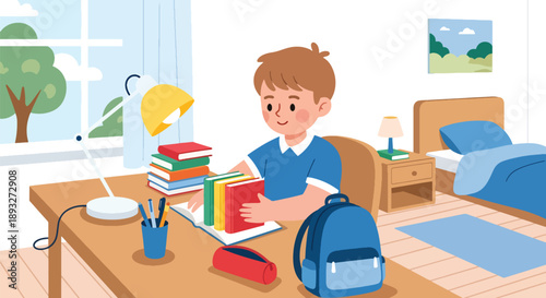 Independent little boy organizing books and school supplies, modern flat vector encouraging good habits and learning discipline at home