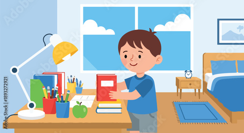 Independent little boy organizing books and school supplies, modern flat vector encouraging good habits and learning discipline at home