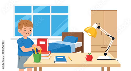 Independent little boy organizing books and school supplies, modern flat vector encouraging good habits and learning discipline at home