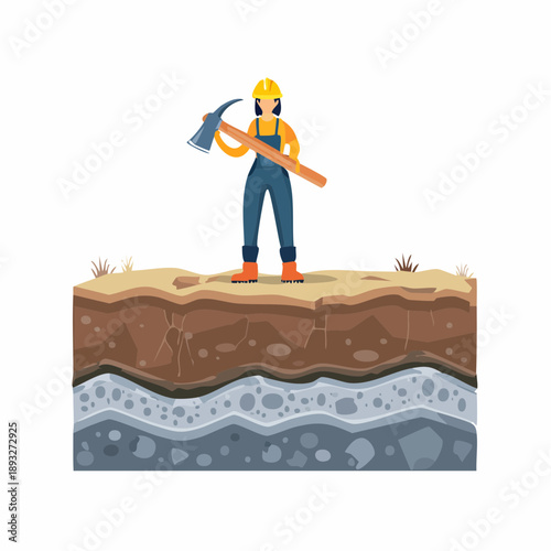 Female Construction Worker with Pickaxe over Soil Layers