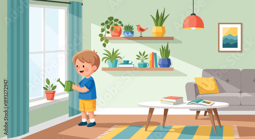 Independent little boy watering indoor plants, modern flat vector showing good habits, care for nature, and responsible routine