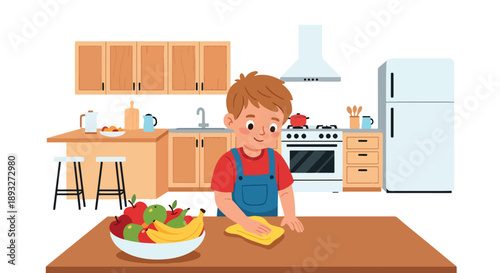 Independent little boy wiping the kitchen table, modern flat vector illustrating good habits, cleanliness, and home responsibility