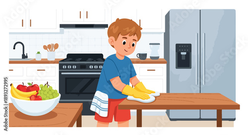 Independent little boy wiping the kitchen table, modern flat vector illustrating good habits, cleanliness, and home responsibility