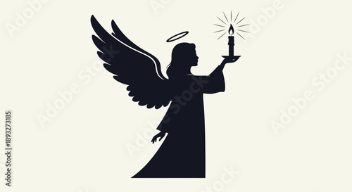 A black vector illustration shows the silhouette of a woman angel with a cross holding a gun while a person in a hat appears as a shadow art piece