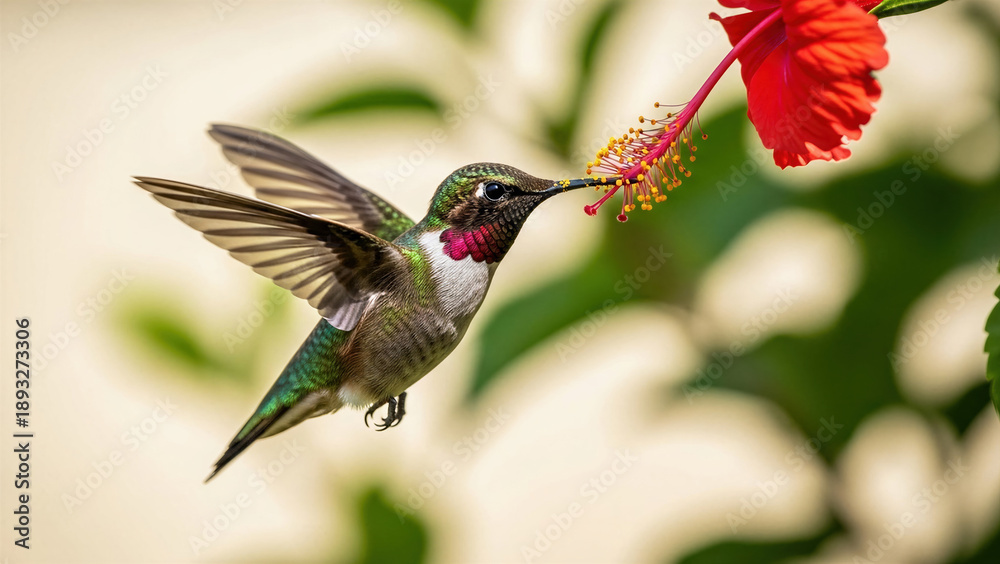 Naklejka premium A vibrant hummingbird hovers mid-flight, sipping nectar from a bright red hibiscus flower, capturing the delicate beauty of nature.
