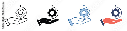 Providing technical support and optimized solutions icon set, illustrating ongoing service, maintenance, and process improvement with a hand holding a gear symbol