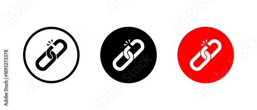 Broken chain link icon in circle. Disconnected connection symbol. Hyperlink damage sign