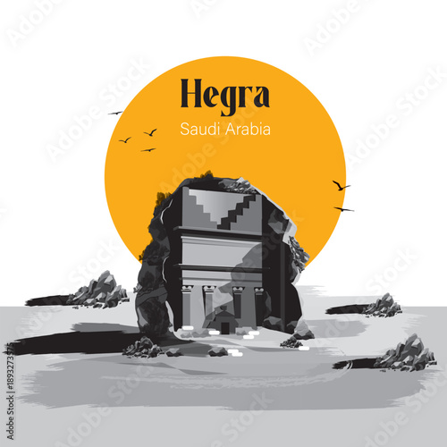 Hegra, an Ancient City in Saudi Arabia Untouched for Millennia. Illustration. World Tourism Day