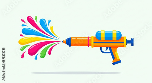 Colorful water gun shooting rainbow paint on white background fun summer toy for outdoor play and celebration